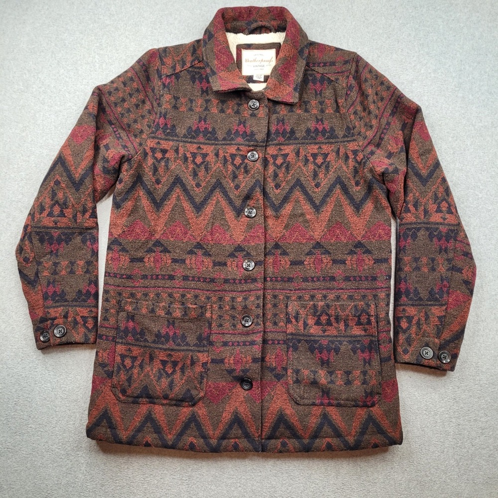 Weatherproof Vintage Jacket Womens Small Brown Aztec Sherpa Lined Button Up Coat